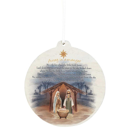 Wood Ornament Away in A Manger White, one of the items in the Wooden Christmas Ornaments, Set of Three: Away in a Manger, Go Tell It on the Mountain, Jesus Is the Reason. A photograph of the assembled set is pending.