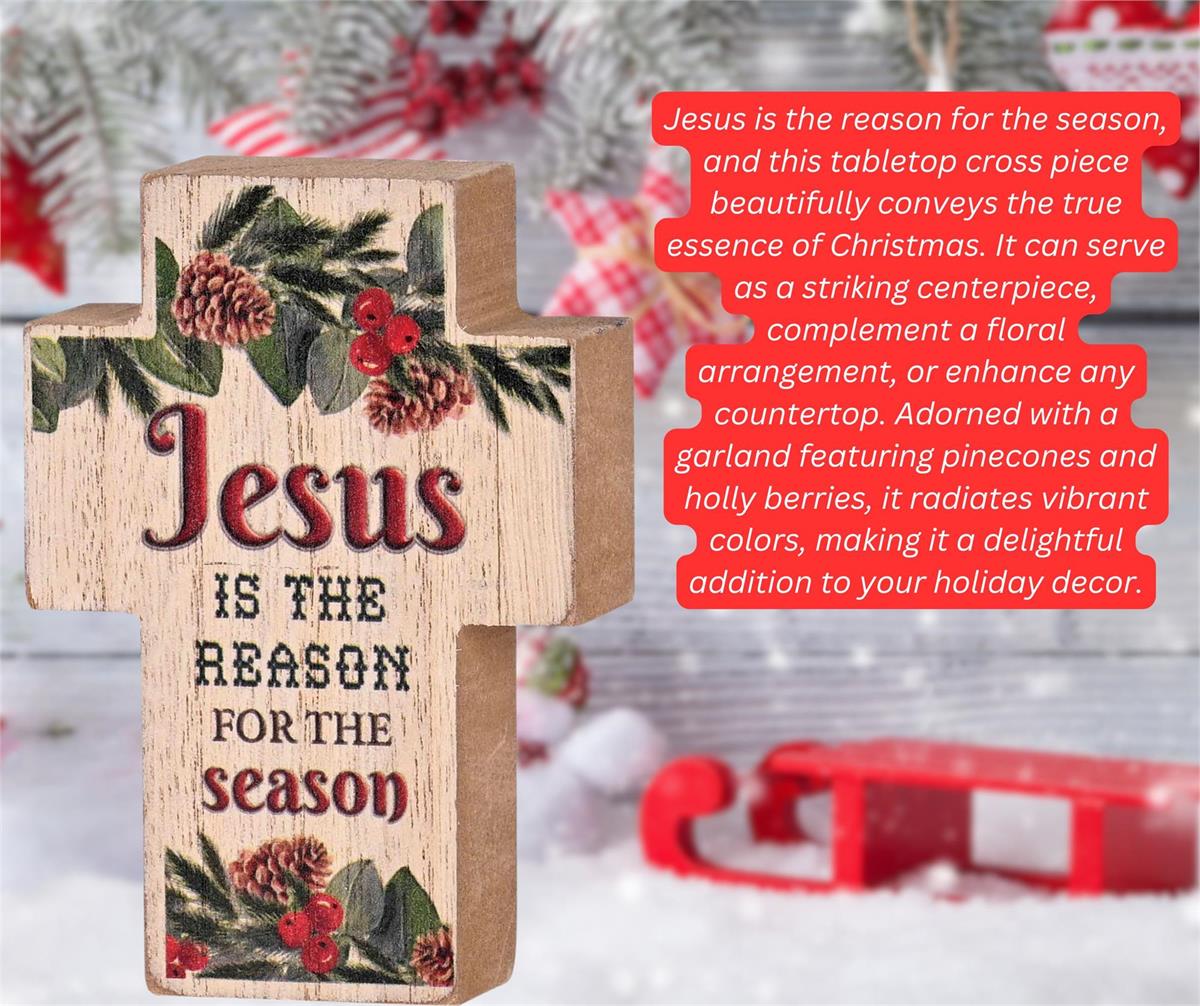 Decorative Christmas Plaque Tabletop Block Sign 3 x 4 Inch MDF Cross Jesus by Dicksons, product view 4