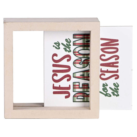 Decorative Christmas Double Sided Tabletop Block Sign 4 x 4 Inch Wood Plaid by Dicksons, product view 4