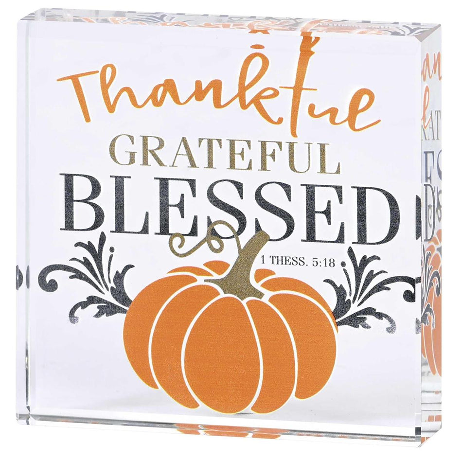 Decorative Fall Tabletop Plaque Sign 3 x 3 Inch Glass Pumpkin Thankful by Dicksons