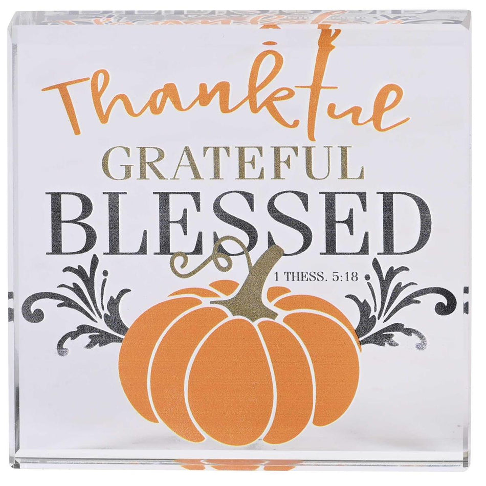 Decorative Fall Tabletop Plaque Sign 3 x 3 Inch Glass Pumpkin Thankful by Dicksons, product view 2