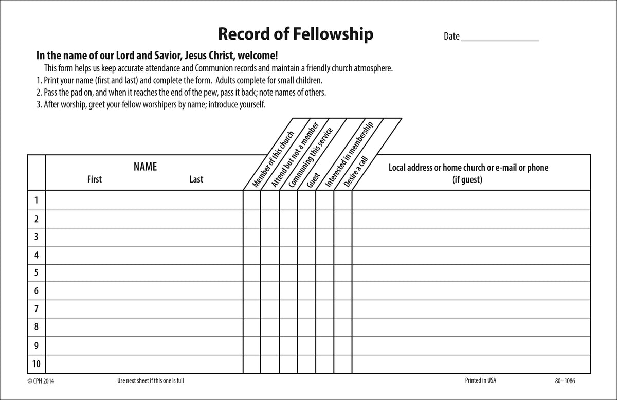 Record of Fellowship Pads (Pkg of 10) by Concordia Publishing House