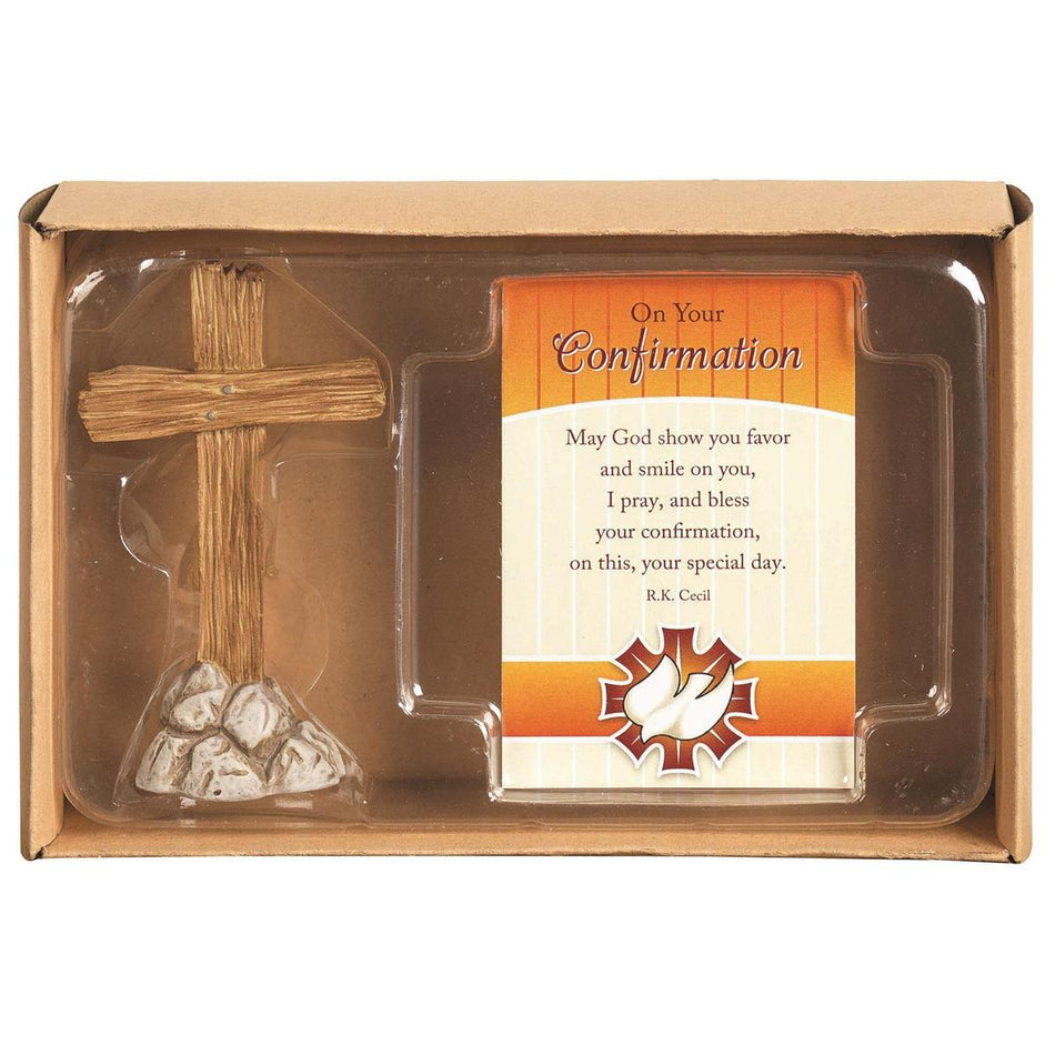 Confirmation Cross Natural Brown 3 inch Resin Stone Tabletop Figurine and Card by Dicksons