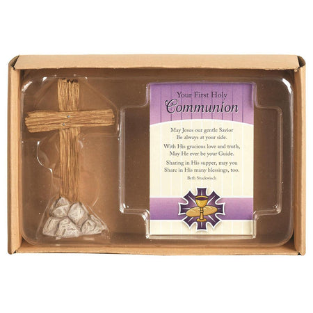 Communion Cross Natural Brown 3 inch Resin Stone Tabletop Figurine and Card by Dicksons