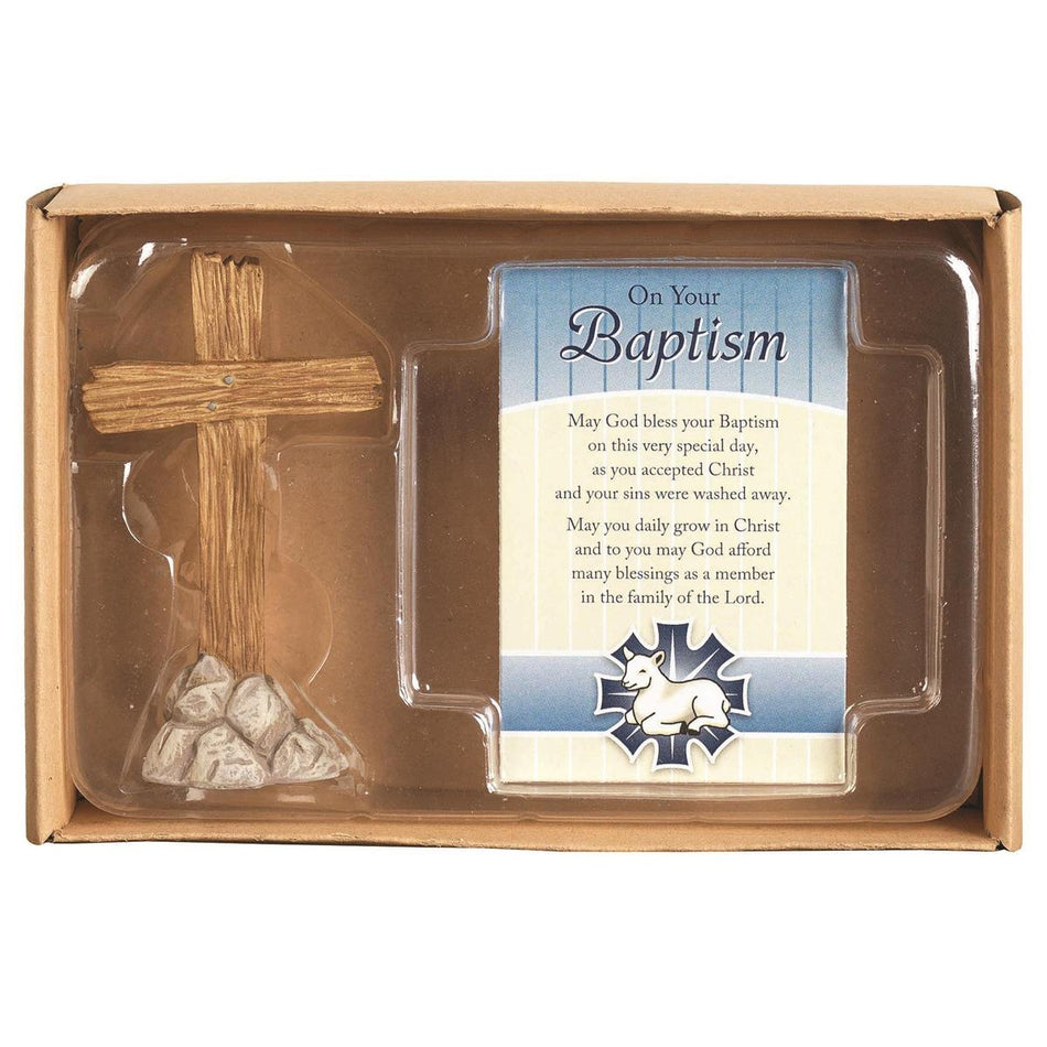 Baptism Cross Natural Brown 3 inch Resin Stone Tabletop Figurine and Card by Dicksons