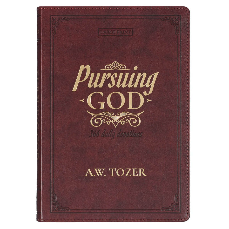 Pursuing God Saddle Tan Faux Leather Devotional Large Print Edition by Christian Art Gifts