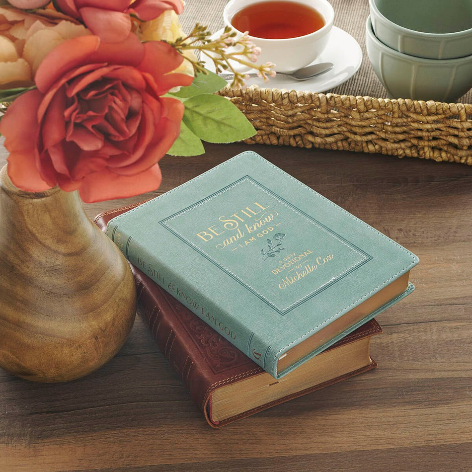 Be Still and Know I Am God Dusty Teal Faux Leather Devotional by Christian Art Gifts, product view 2
