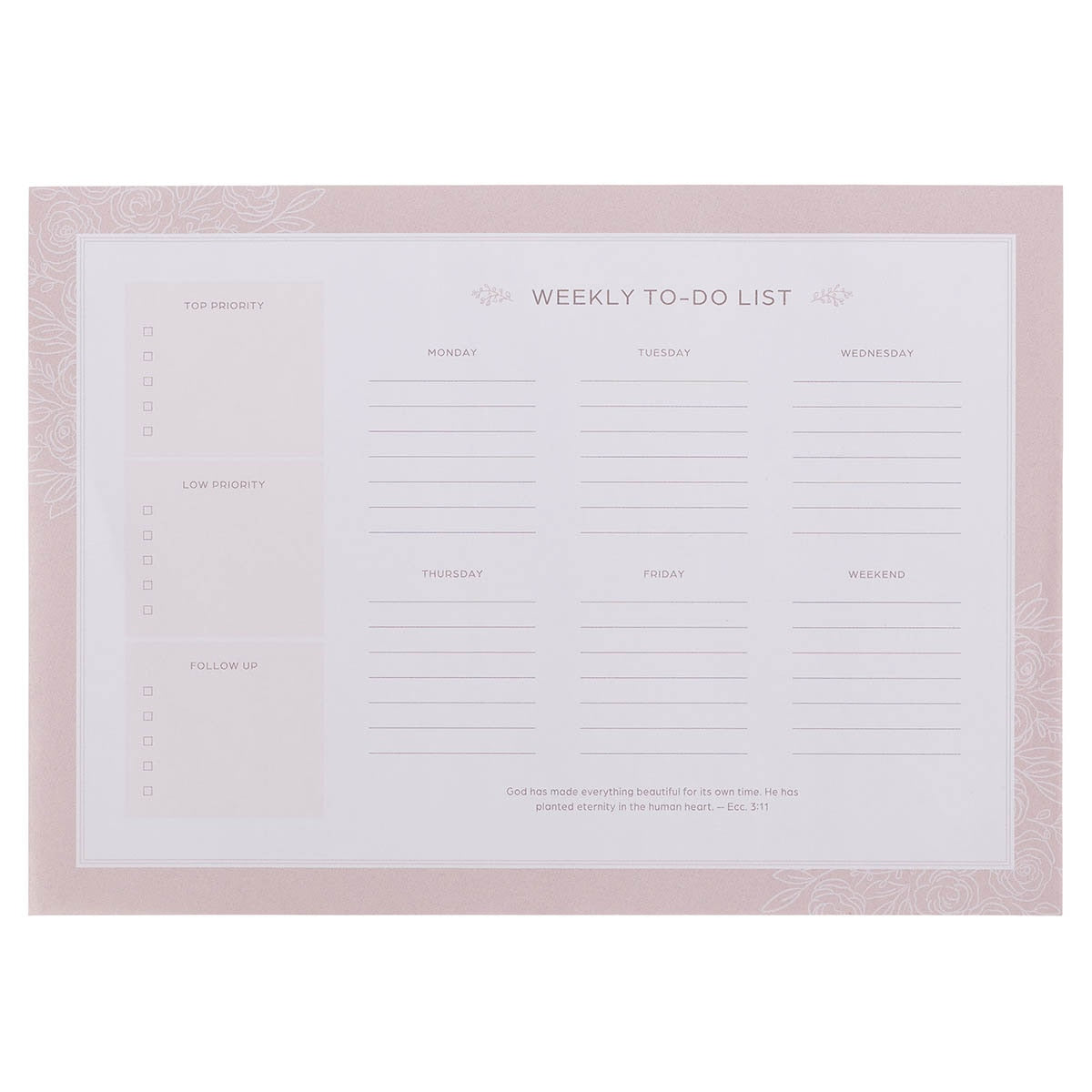 Everything Beautiful Blush Pink Undated Weekly To-Do List - Ecclesiastes 3:11 by Christian Art Gifts