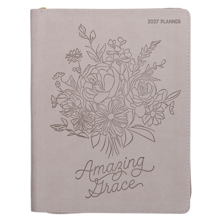 2027 Amazing Grace Large Zippered Taupe Faux Leather 18-Month Planner for Women by Christian Art Gifts