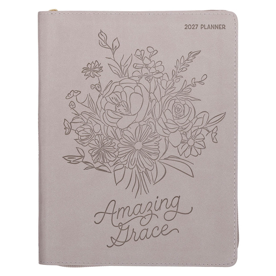 2027 Amazing Grace Large Zippered Taupe Faux Leather 18-Month Planner for Women by Christian Art Gifts