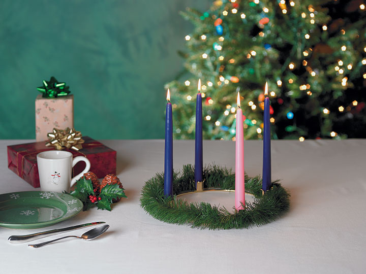 Gold-Finish Advent Wreath & Candles, one of the items in the Family Advent Kit: Gold-Finish Wreath with Candles, Jesse Tree Magnets and The One We're Waiting For. A photograph of the assembled set is pending.