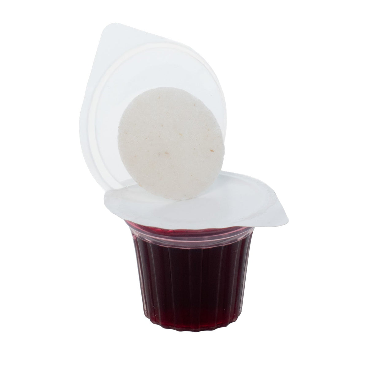 Close-up of Elements communion cup with wafer and Concord grape juice compartments