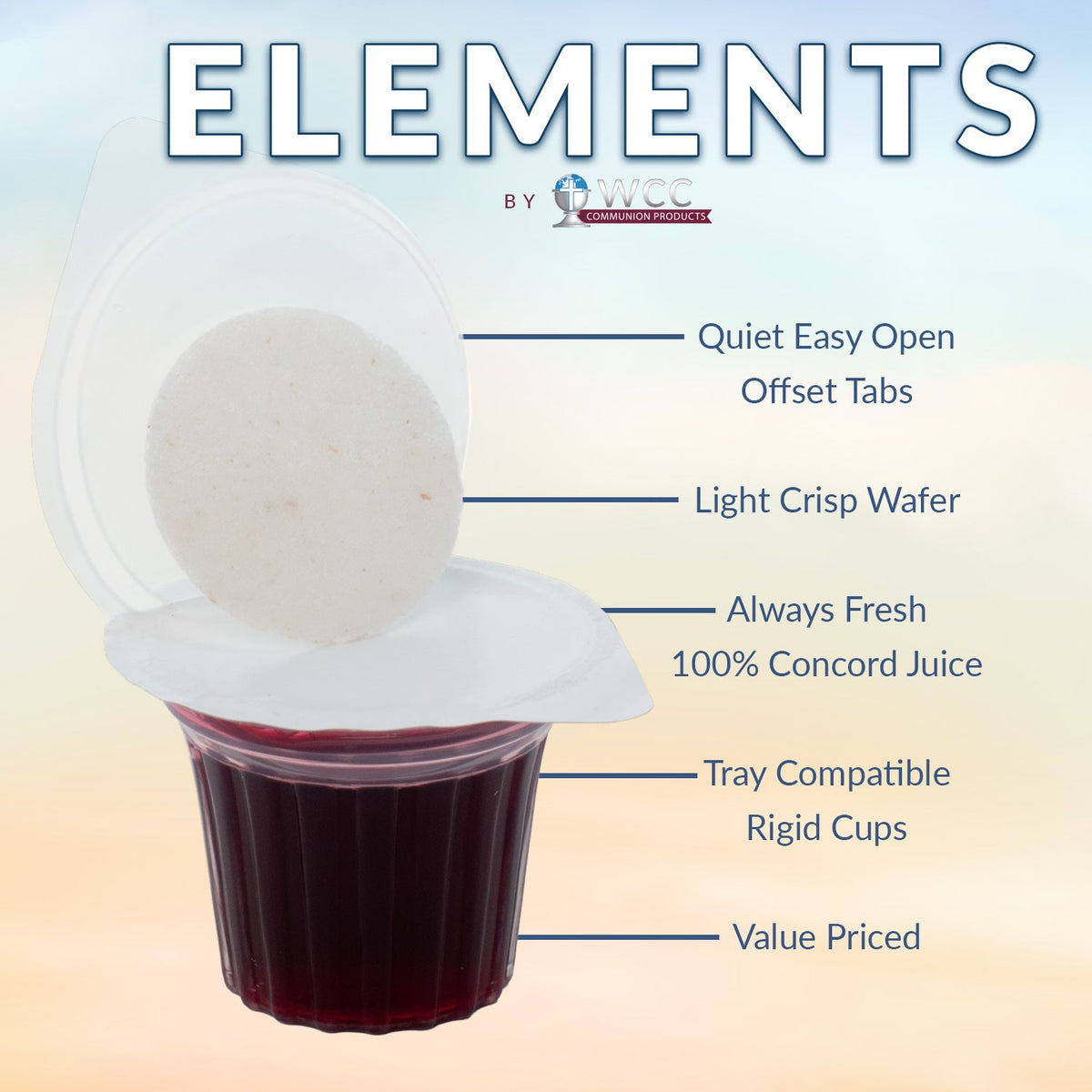 Elements Communion Cups promotional graphic highlighting juice and wafer design