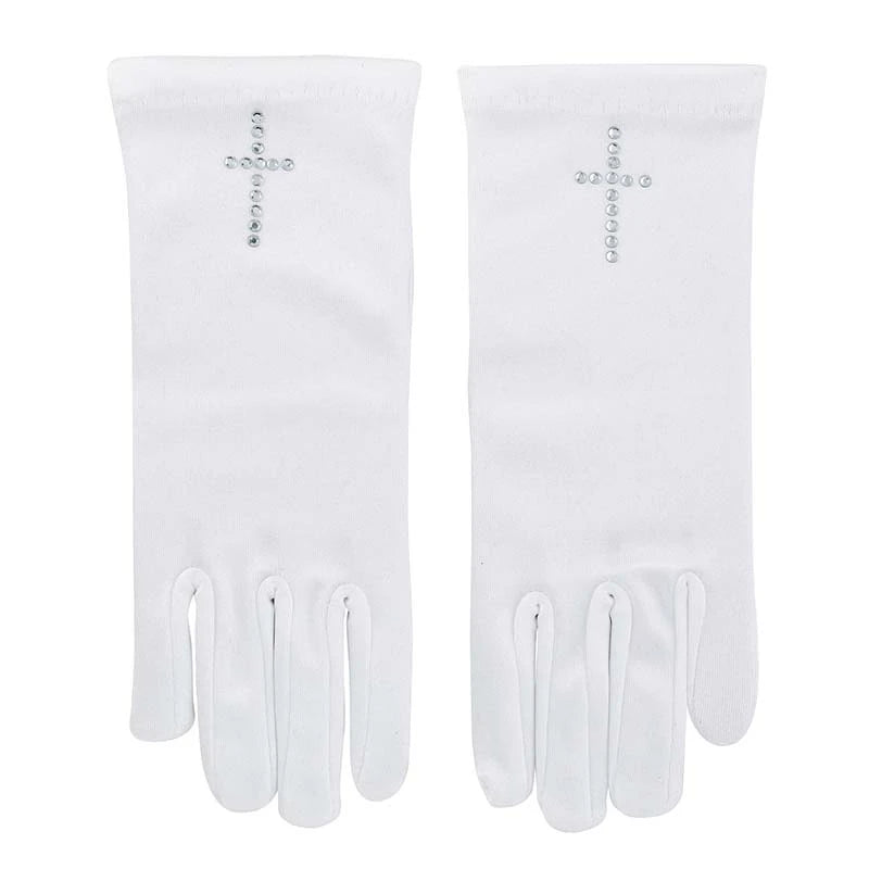 First Communion Satin Gloves w/ Pearl Cross by Christian Brands, product view 2