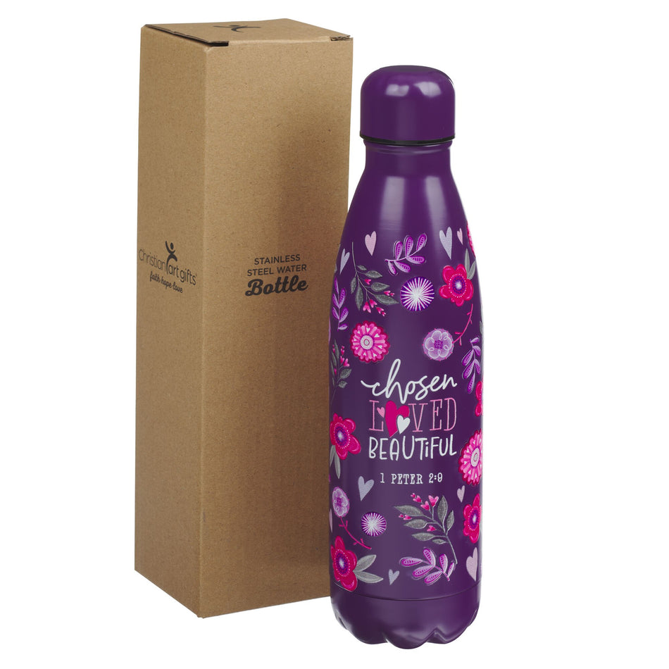 Chosen Loved Beautiful Purple Stainless Steel Water Bottle - 1 Peter 2:9 by Christian Art Gifts, product view 2
