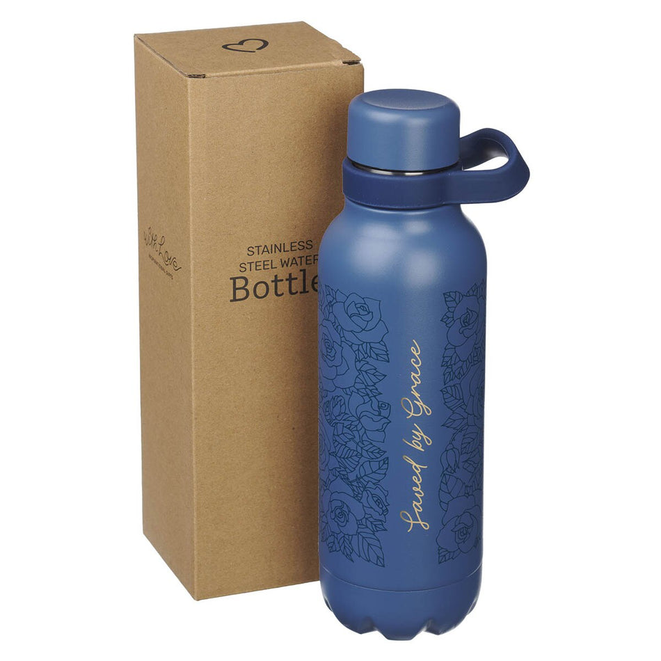 Saved by Grace Blue Floral Stainless Steel Water Bottle by Christian Art Gifts, product view 2
