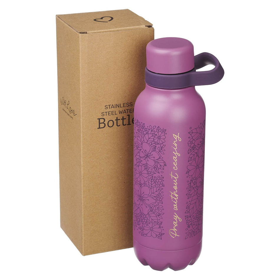 Pray Without Ceasing Plum Floral Stainless Steel Water Bottle by Christian Art Gifts, product view 2