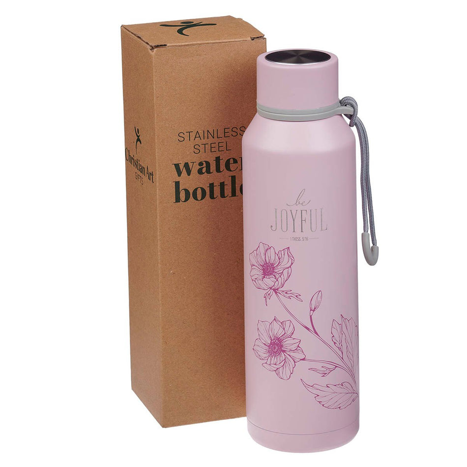 Be Joyful Pink Stainless Steel Water Bottle - 1 Thessalonians 5:16 by Christian Art Gifts, product view 2