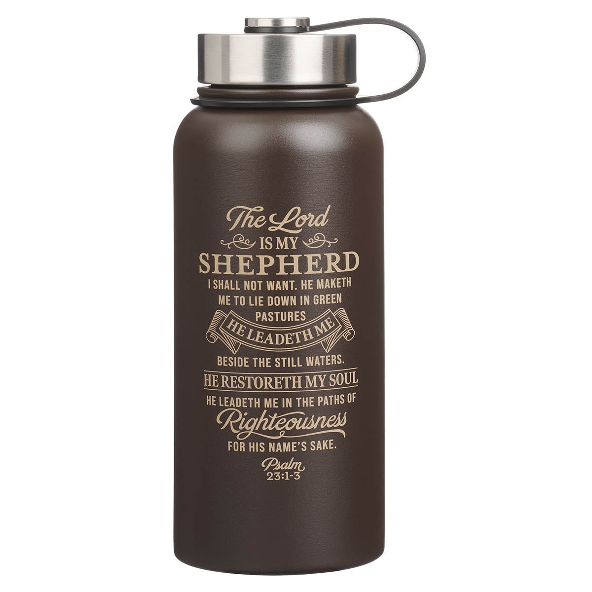 Shepherd Brown Stainless Steel Water Bottle - Psalm 23:1-3 by Christian Art Gifts