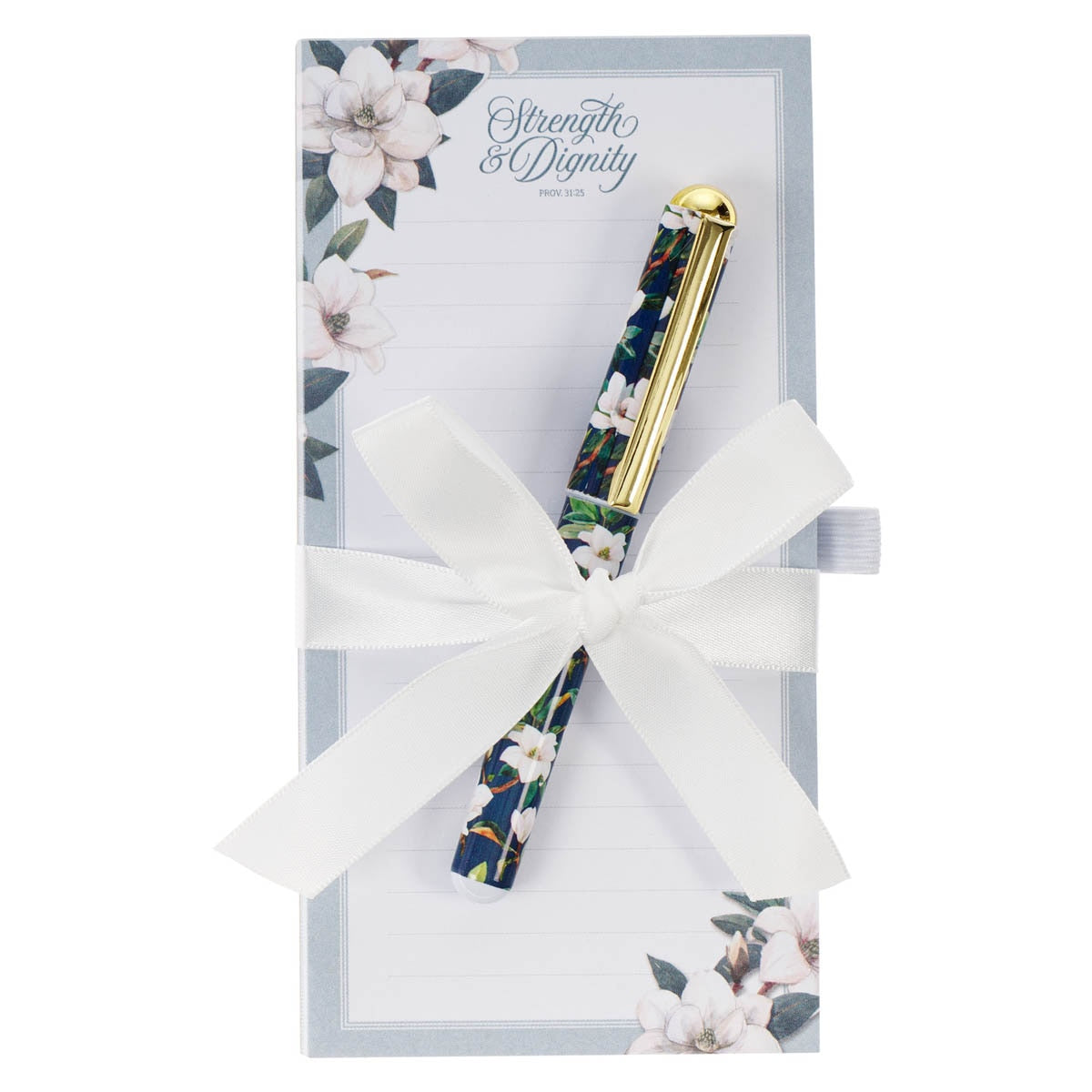 Strength and Dignity Blush Magnolia Magnetic Notepad and Pen Set - Proverbs 31:25 by Christian Art Gifts