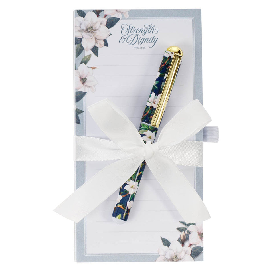 Strength and Dignity Blush Magnolia Magnetic Notepad and Pen Set - Proverbs 31:25 by Christian Art Gifts