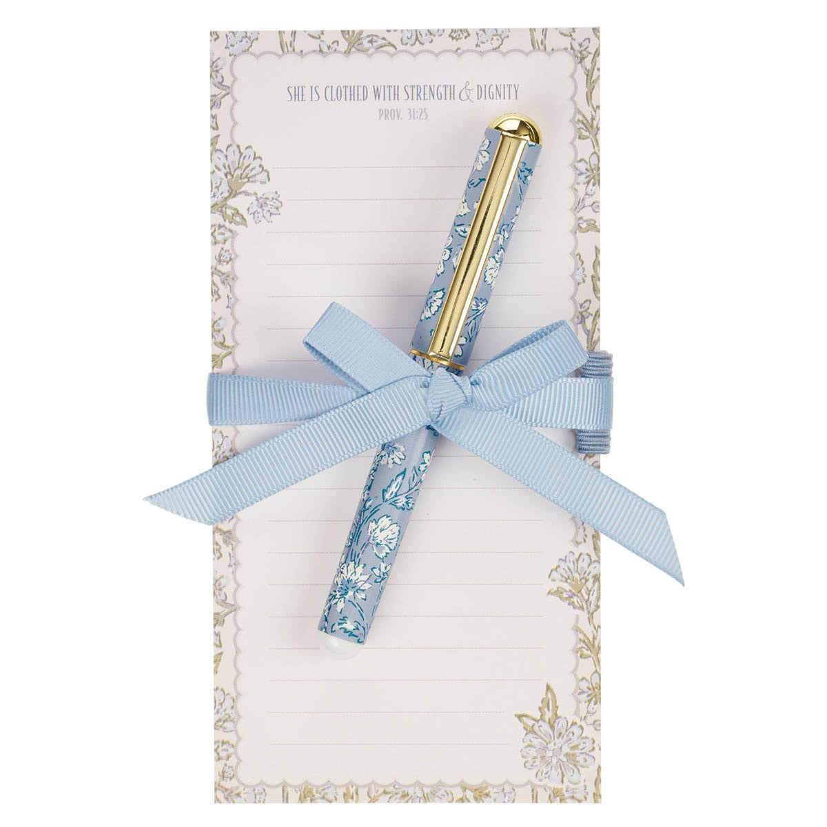 Strength and Dignity Blue Cottage Garden Magnetic Notepad and Pen Gift Set - Proverbs 31:25 by Christian Art Gifts
