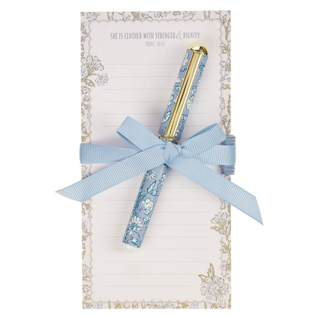 Strength and Dignity Blue Cottage Garden Magnetic Notepad and Pen Gift Set - Proverbs 31:25 by Christian Art Gifts