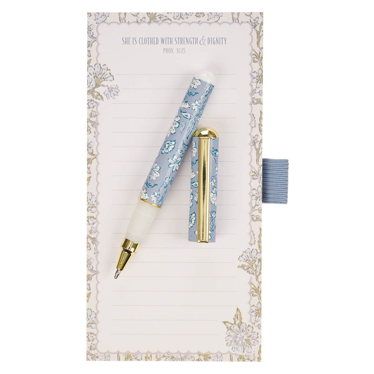 Strength and Dignity Blue Cottage Garden Magnetic Notepad and Pen Gift Set - Proverbs 31:25, product view 3