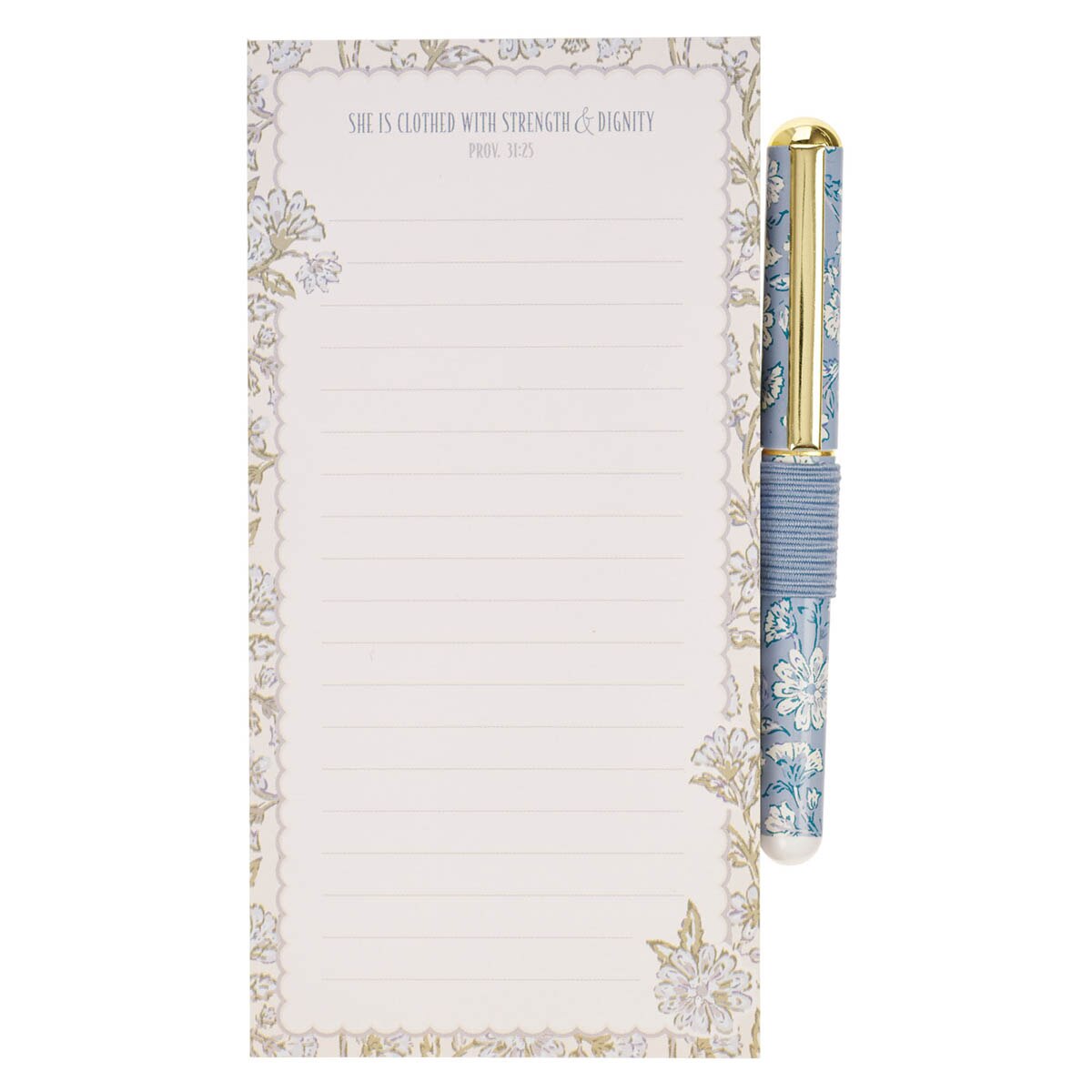 Strength and Dignity Blue Cottage Garden Magnetic Notepad and Pen Gift Set - Proverbs 31:25, product view 5