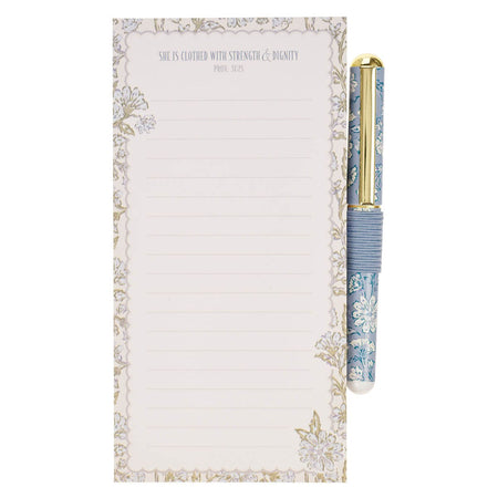 Strength and Dignity Blue Cottage Garden Magnetic Notepad and Pen Gift Set - Proverbs 31:25, product view 5