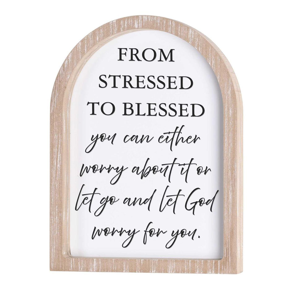 From Stressed To Blessed White Wash Wood and Glass Tabletop or Hanging Wall Art by Dicksons