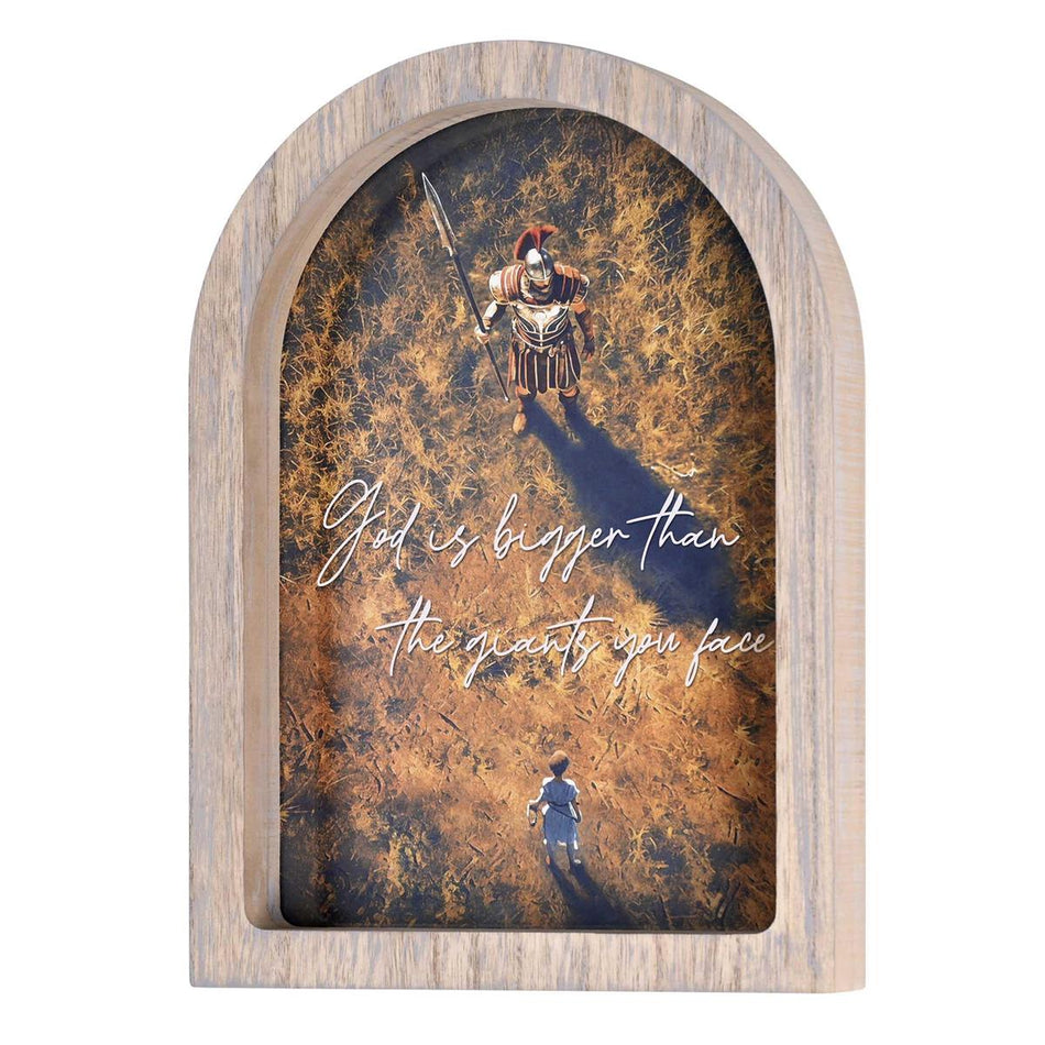 God Is Bigger Than The Giants Grey Wash Wood and Glass Tabletop or Hanging Wall by Dicksons