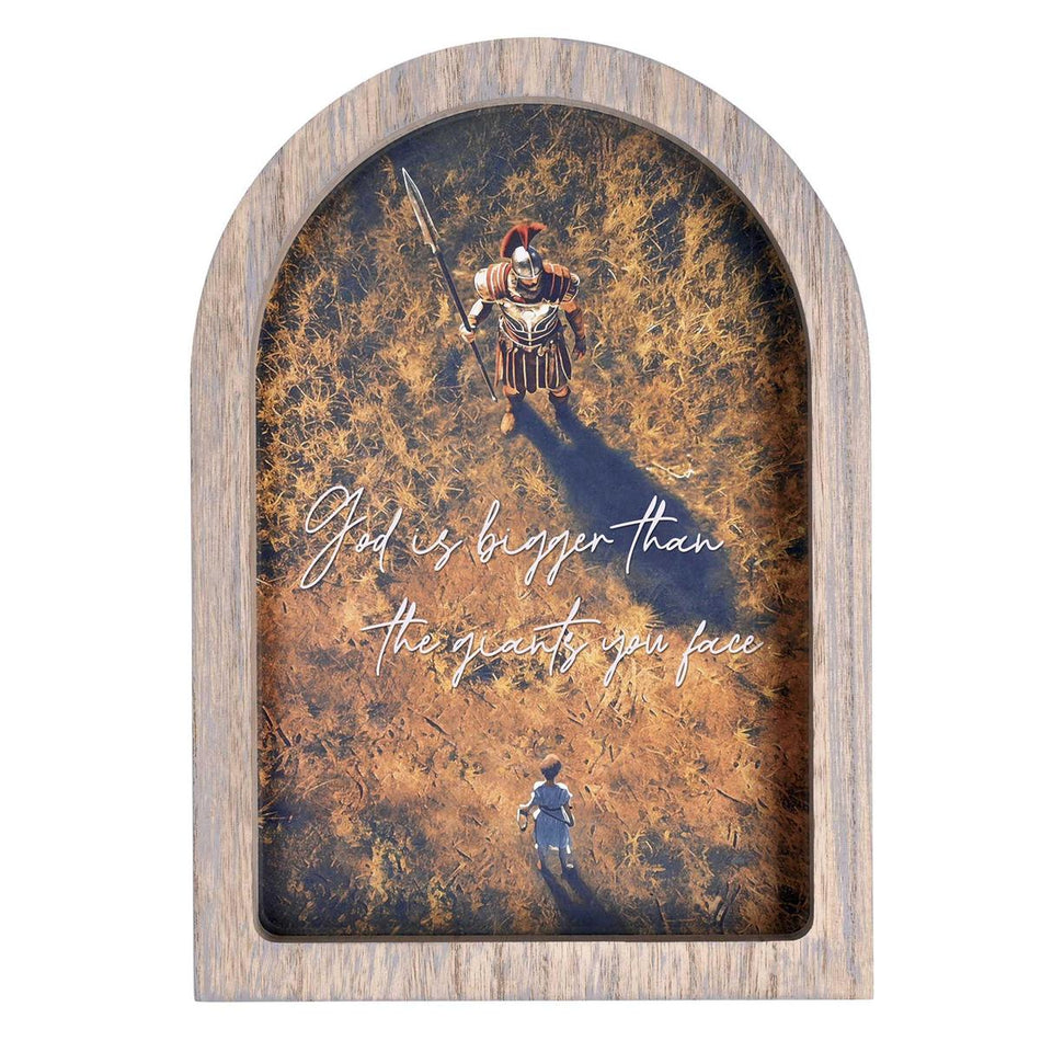 God Is Bigger Than The Giants Grey Wash Wood and Glass Tabletop or Hanging Wall by Dicksons, product view 2