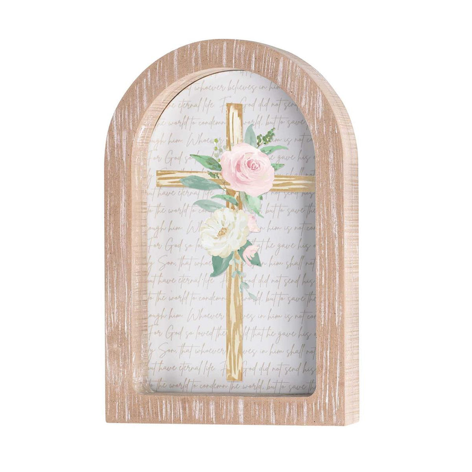 Floral Cross John 3:16 White Wash Wood and Glass Tabletop or Hanging Wall Art by Dicksons