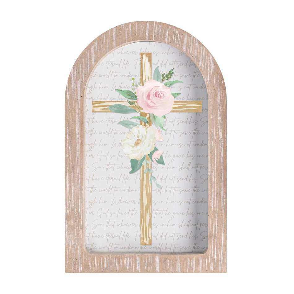 Floral Cross John 3:16 White Wash Wood and Glass Tabletop or Hanging Wall Art by Dicksons, product view 2