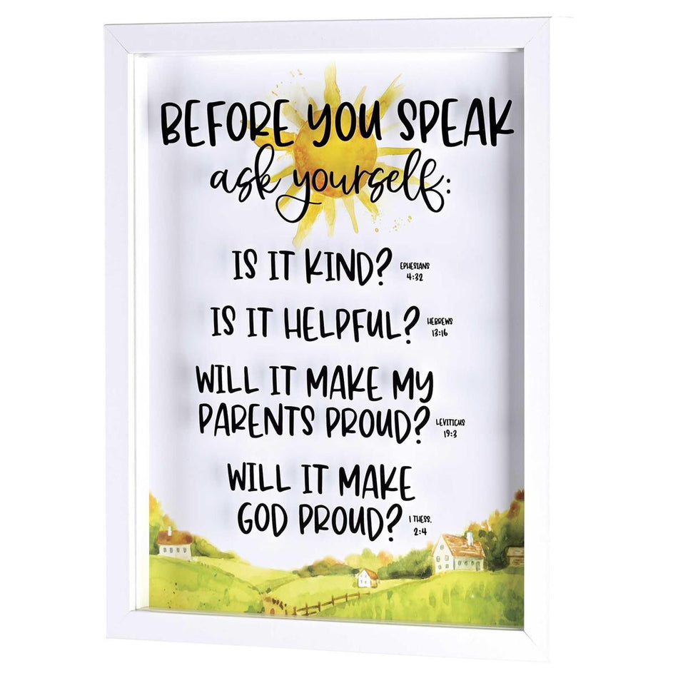 Before You Speak Ask Yourself White Wood and Glass Shadowbox Style Hanging Wall by Dicksons
