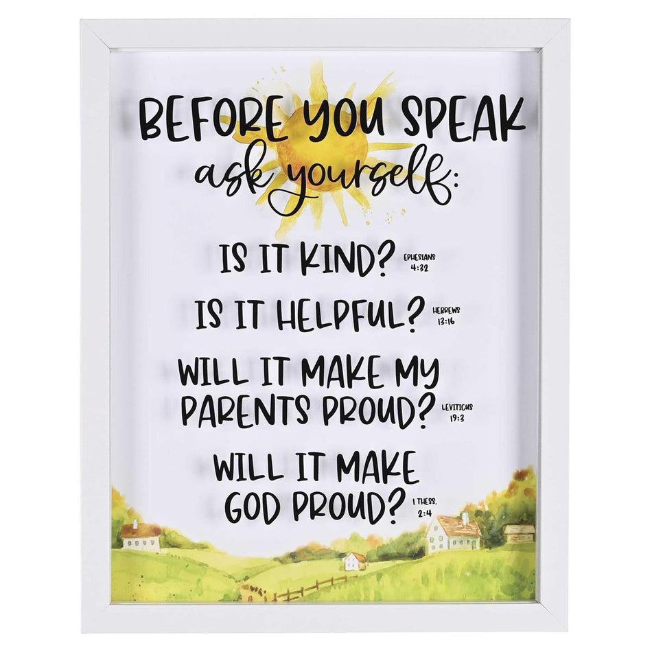 Before You Speak Ask Yourself White Wood and Glass Shadowbox Style Hanging Wall by Dicksons, product view 2