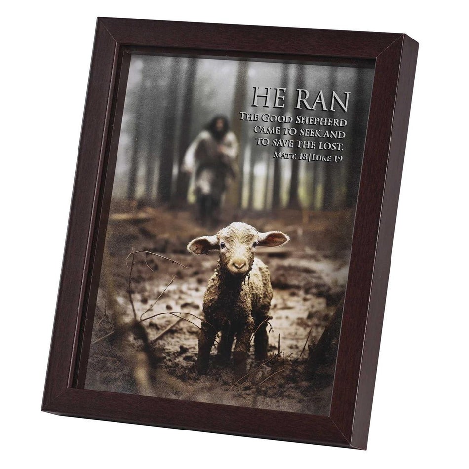 The Good Shepherd Matthew 18 Luke 19 Dark Brown Wood and Glass Shadowbox Style by Dicksons