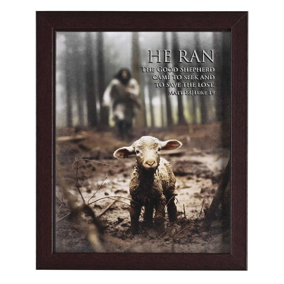 The Good Shepherd Matthew 18 Luke 19 Dark Brown Wood and Glass Shadowbox Style by Dicksons, product view 2