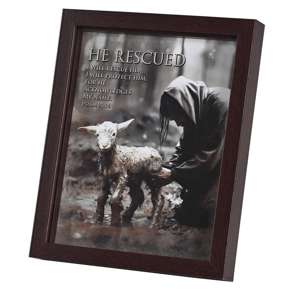He Rescued Psalm 91:14 Dark Brown Wood and Glass Shadowbox Style Tabletop by Dicksons