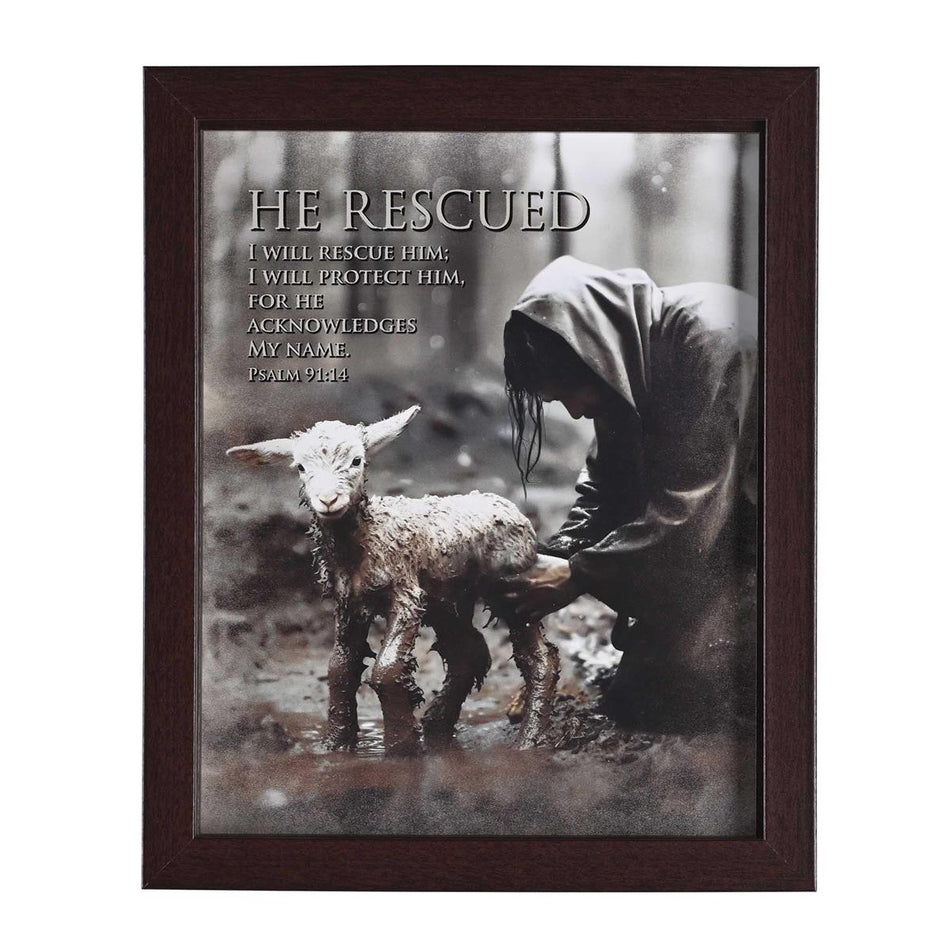 He Rescued Psalm 91:14 Dark Brown Wood and Glass Shadowbox Style Tabletop by Dicksons, product view 2