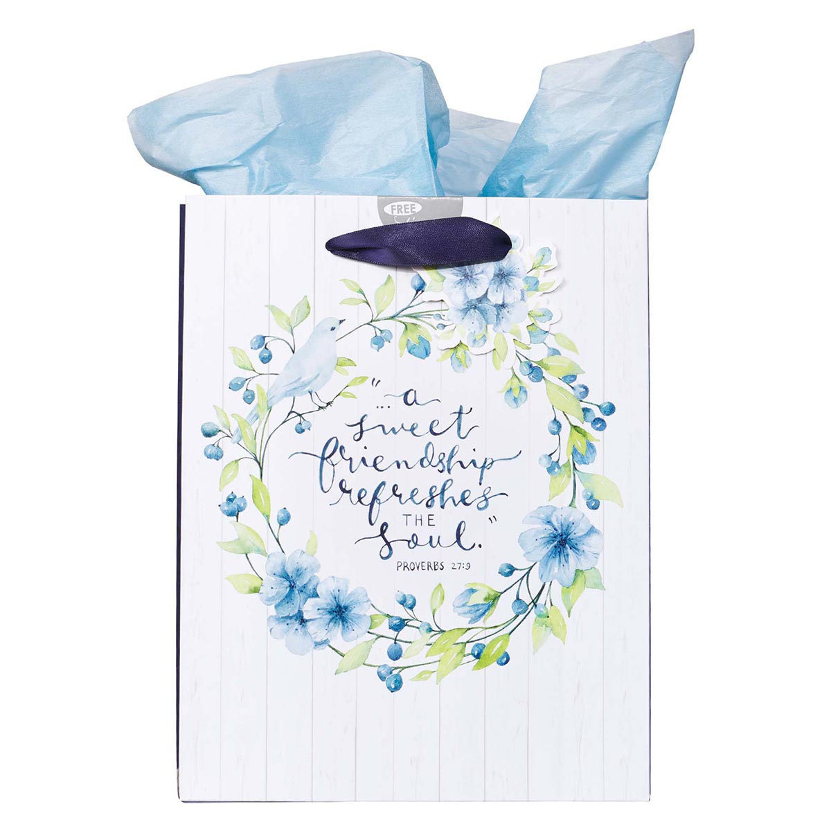 A Sweet friendship Medium Gift Bag in White and Blue with Tissue Paper - Proverbs 27:9 by Christian Art Gifts