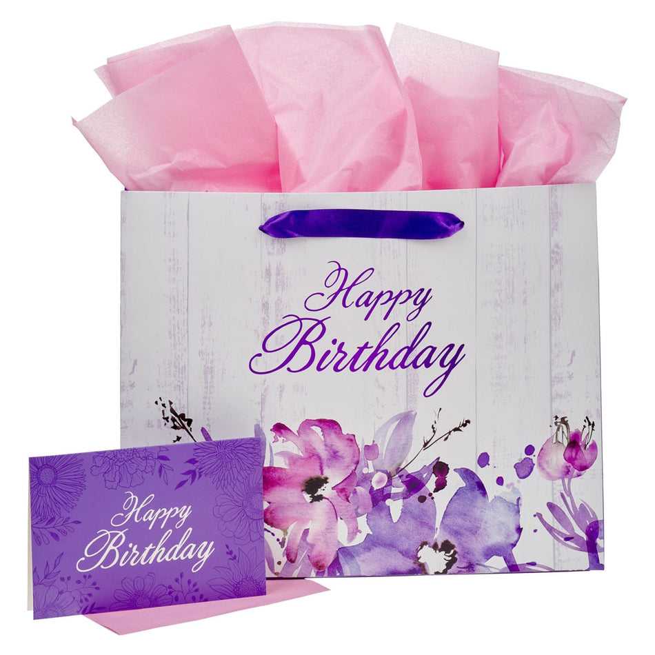 Happy Birthday Purple Floral Large Landscape Gift Bag and Card Set by Christian Art Gifts