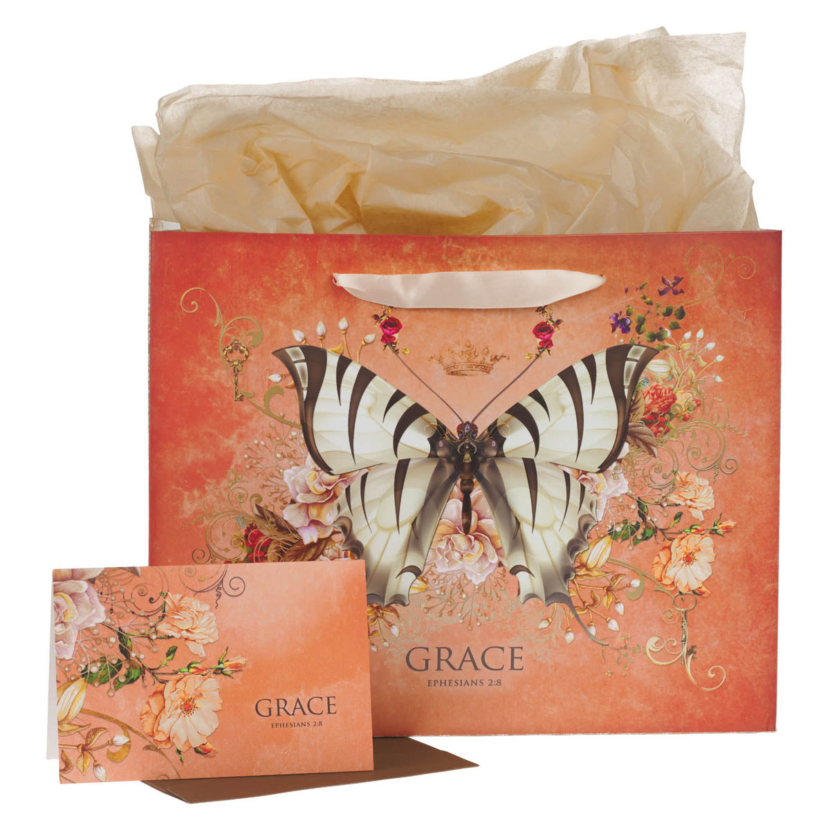 Grace Butterfly Orange Large Landscape Gift Bag with Card Set - Ephesians 2:8 by Christian Art Gifts