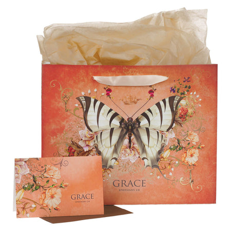 Grace Butterfly Orange Large Landscape Gift Bag with Card Set - Ephesians 2:8 by Christian Art Gifts