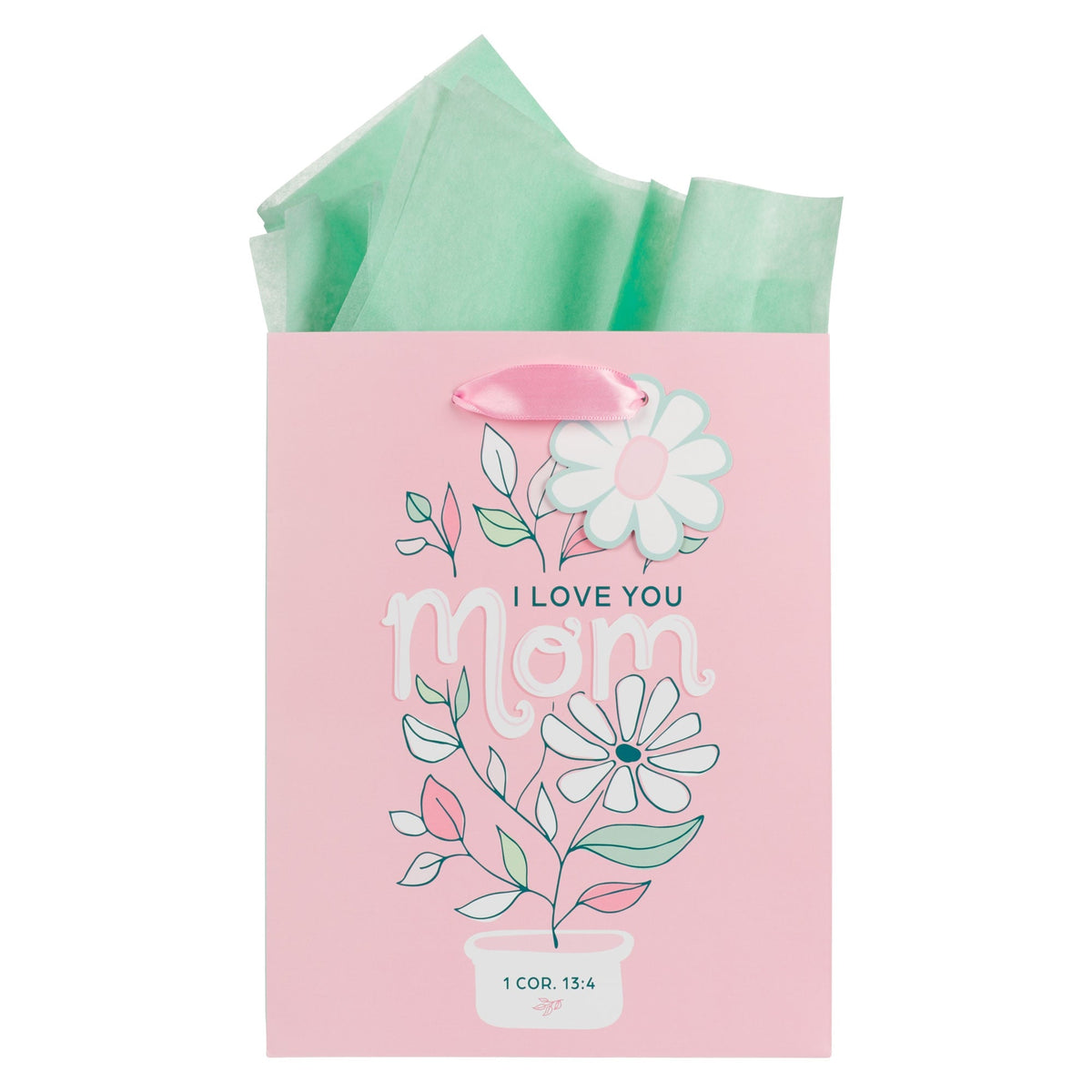 I Love You Mom Pink and White Daisy Medium Gift Bag - 1 Corinthians 13:4 by Christian Art Gifts