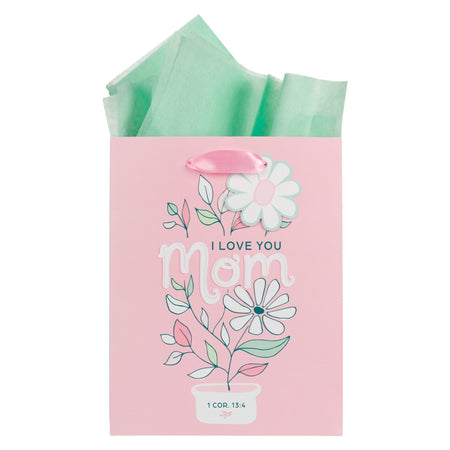 I Love You Mom Pink and White Daisy Medium Gift Bag - 1 Corinthians 13:4 by Christian Art Gifts