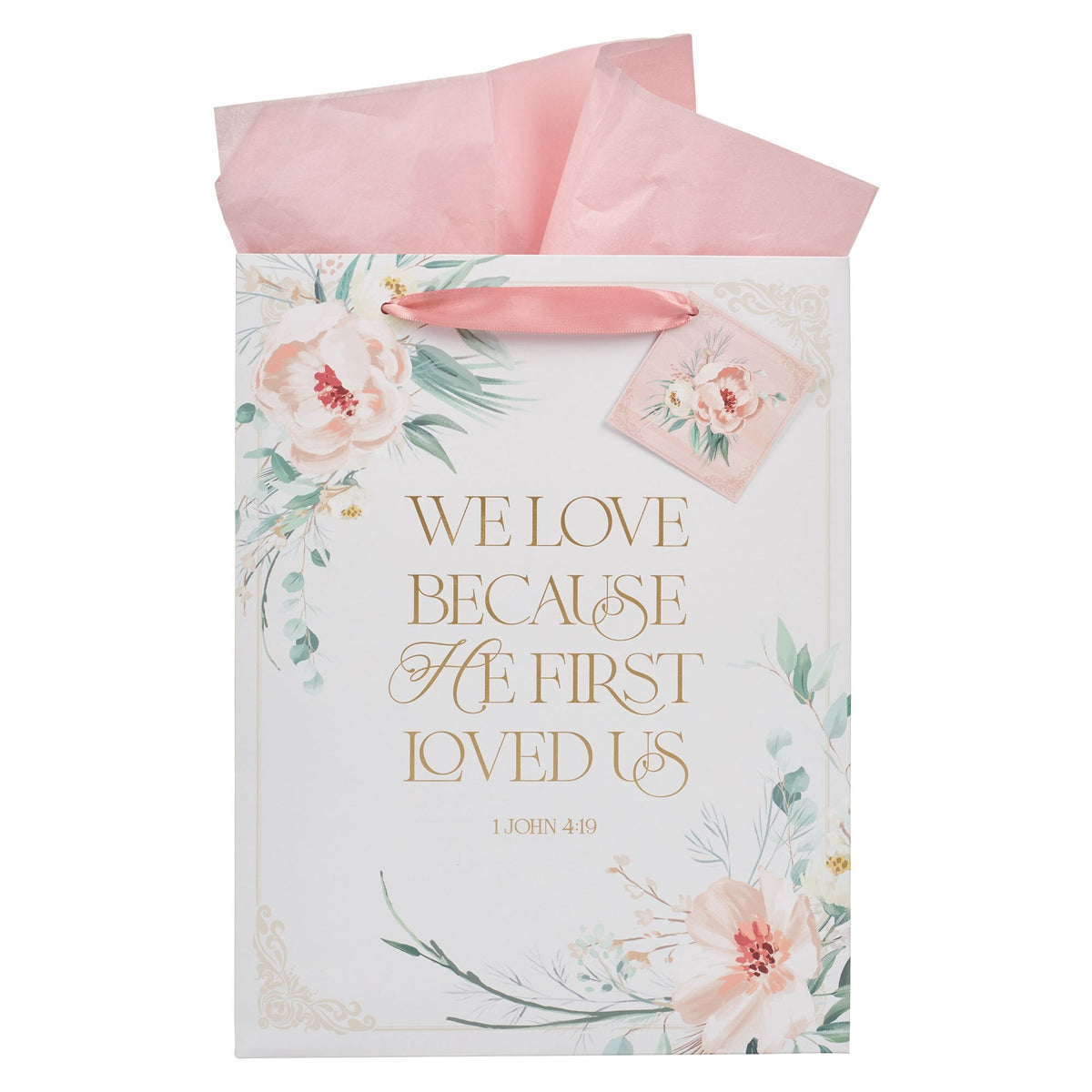 Love Peachy-pink Floral Large Portrait Gift Bag - 1 John 4:19 by Christian Art Gifts