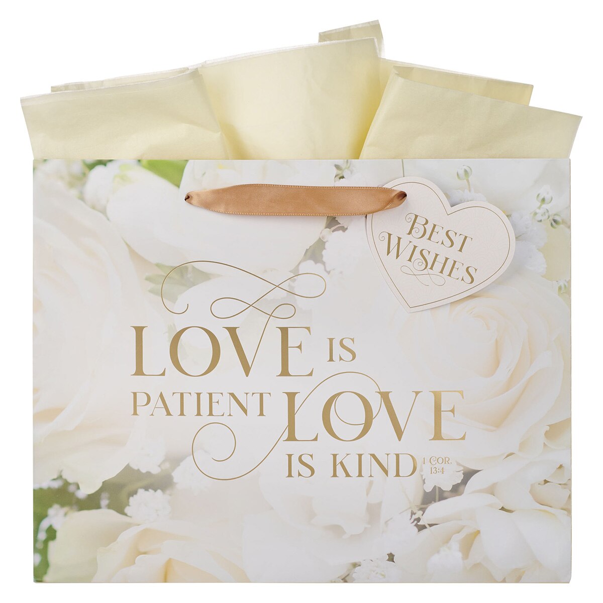 Love White Rose Large Landscape Gift Bag - 1 Corinthians 13:4 by Christian Art Gifts