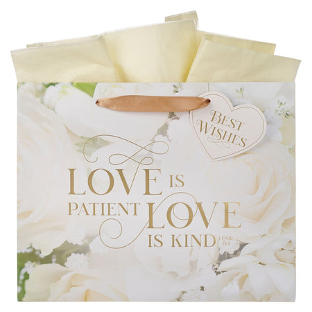 Love White Rose Large Landscape Gift Bag - 1 Corinthians 13:4 by Christian Art Gifts